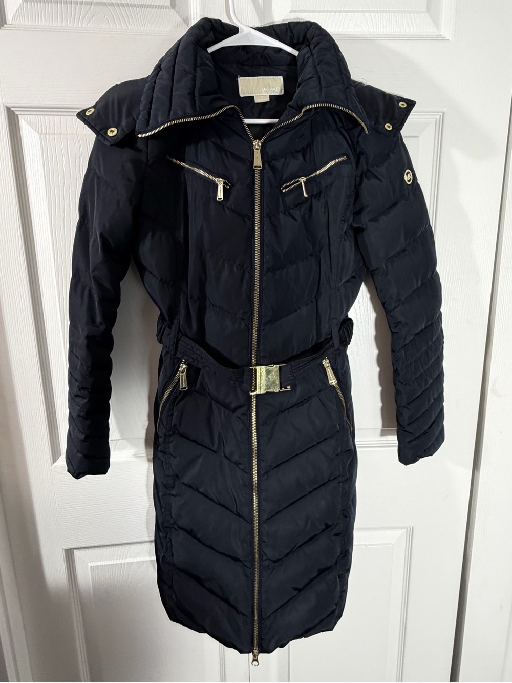MICHAEL Michael Kors Down Puffer Coat Faux Fur Hood Navy Womens XS